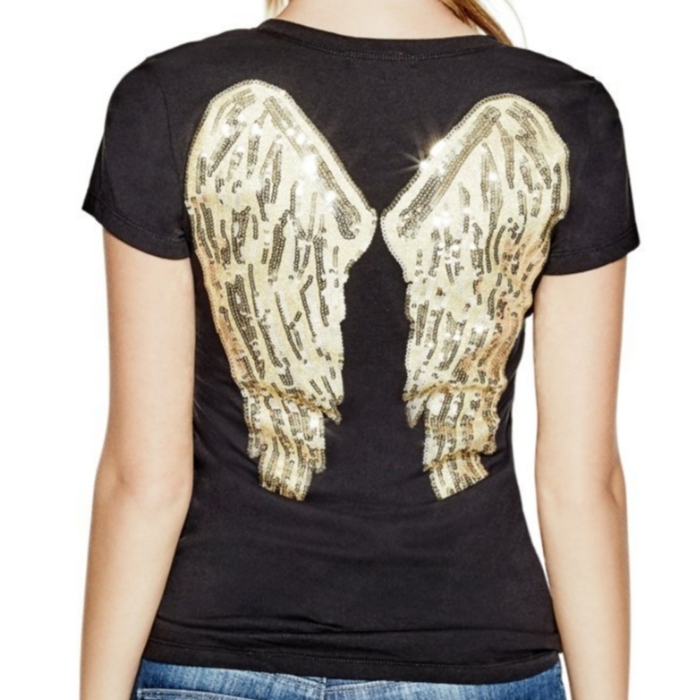 G by Guess -- y2k🔥Blue V-Neck T-Shirt Large Sequin Wings On Back